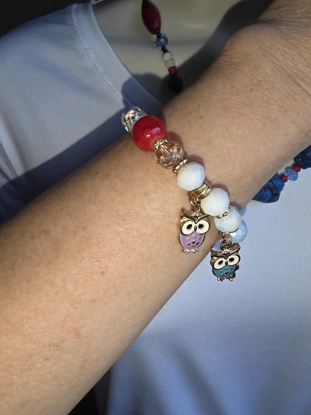 Blue Stone & Red, White Bead Necklace & Owl Charm Bracelet Set